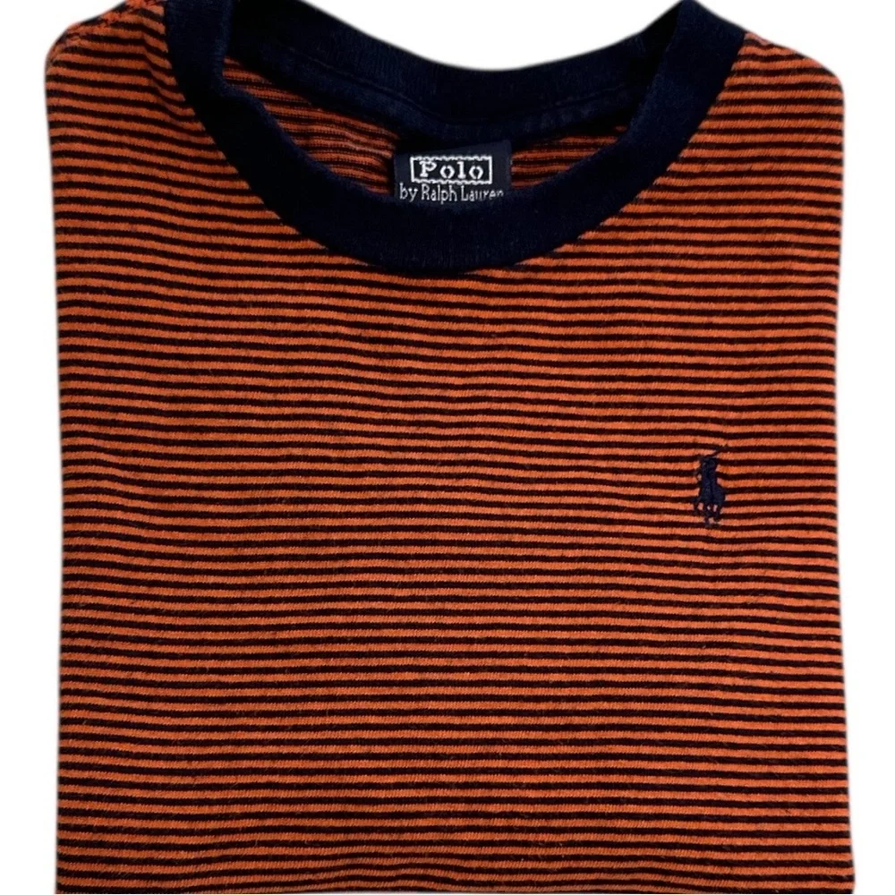 Rare Vintage Polo Ralph Lauren Little Boys Orange and Navy Striped Tee Size 5